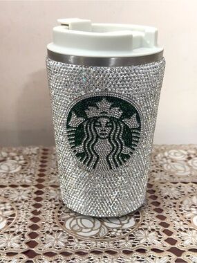 White Beautiful Rhinestone crystal embellished crystal mug w temperature check